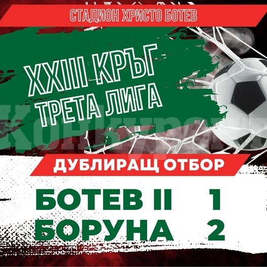 Дублиращият отбор на Ботев допусна обрат и загуби с 1:2 от Боруна Царева ливада